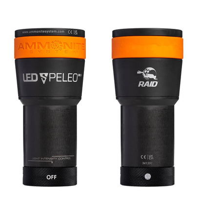 LED SPELEO MKII diving light from Ammonite System, featuring black design and a orange silicone band , with the Ammonite System and RAID logos on the top and a light intensity control switch on the bottom.