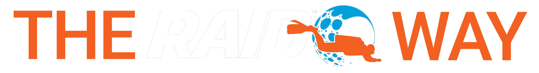 Logo for DIVE RAID featuring stylized text "THE RAID WAY" with an orange scuba diver silhouette over a blue water globe | Divers League
